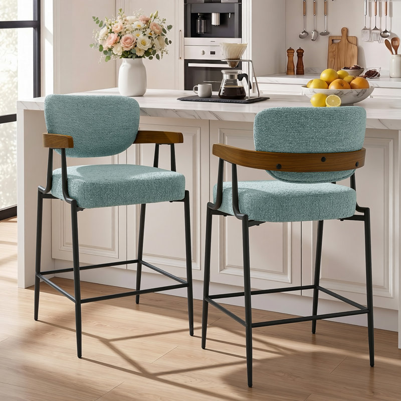 Tabouret de bar enveloppant en noyer avec siège rembourré, Bleu
