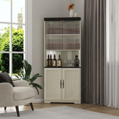 Armoire de rangement sur pied autoportante, armoire à vin à 5 niveaux avec portes en verre trempé, dossier en miroir, tablettes réglables pour la cuisine du salon, vitrine en bois moderne