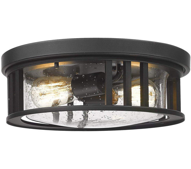Black Metal and Glass 2-Light Drum Flush Mount Ceiling Light
