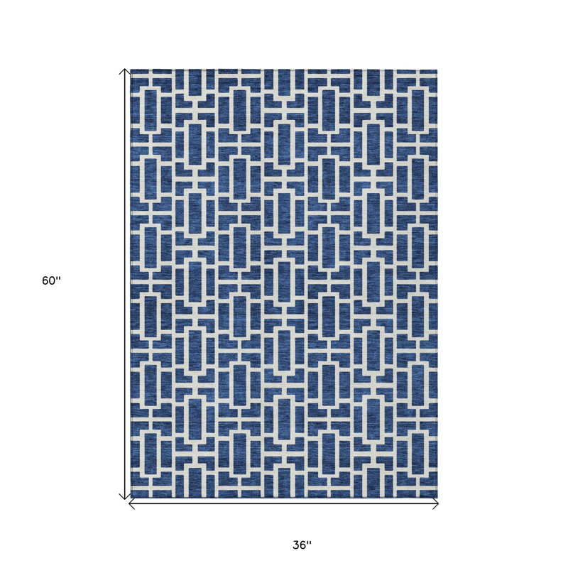 3' X 5' Navy Blue And Ivory Geometric Washable Indoor Outdoor Area Rug