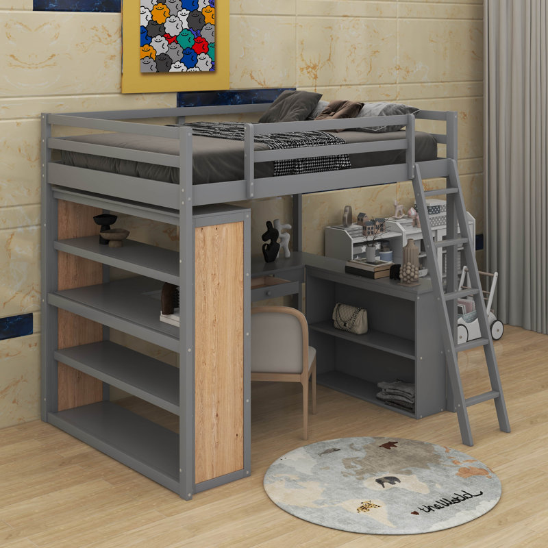 Lit mezzanine double avec tablettes et bureau, gris