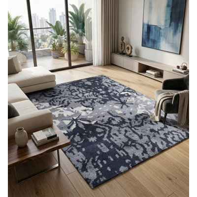 Gris abstrait de qualité supérieure | Tapis intérieur blanc en soie noué à la main