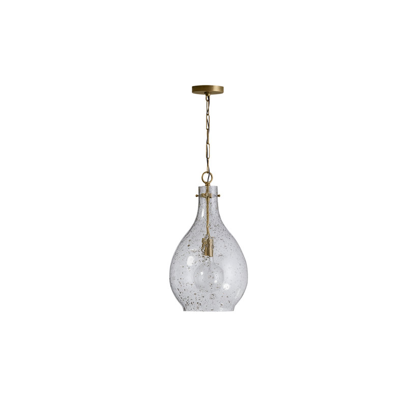 1 - Light Single Pendant, Patinated Brass, Seeded Stone