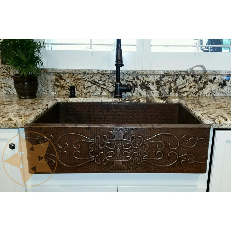 33" Hammered Copper Apron Front Single Basin Kitchen Sink w/ Scroll Design