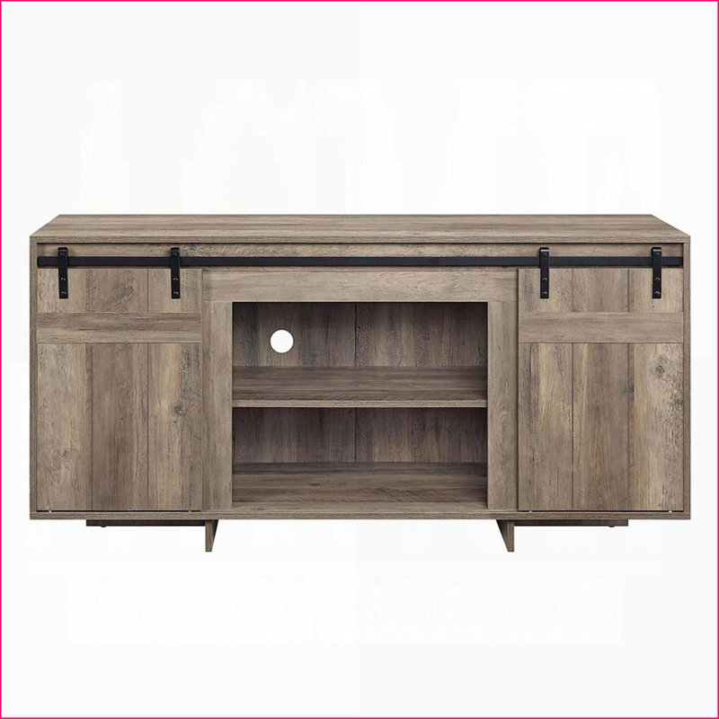 TV Stand Grey Washed with 2 Sliding Barn Doors, Fits 60-Inch TV | Farmhouse | Wood+Metal