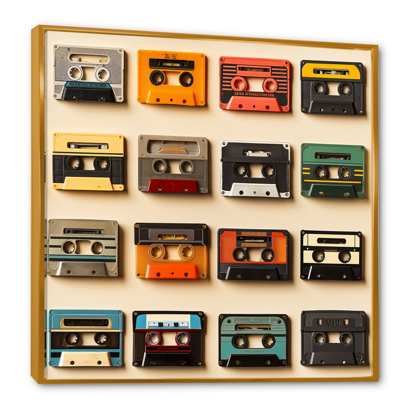 Retro Cassette Tape Collection III - Cassette Tapes Wall Art, Cadre flottant doré, H 36 po x l 36 po x P 1,5 po