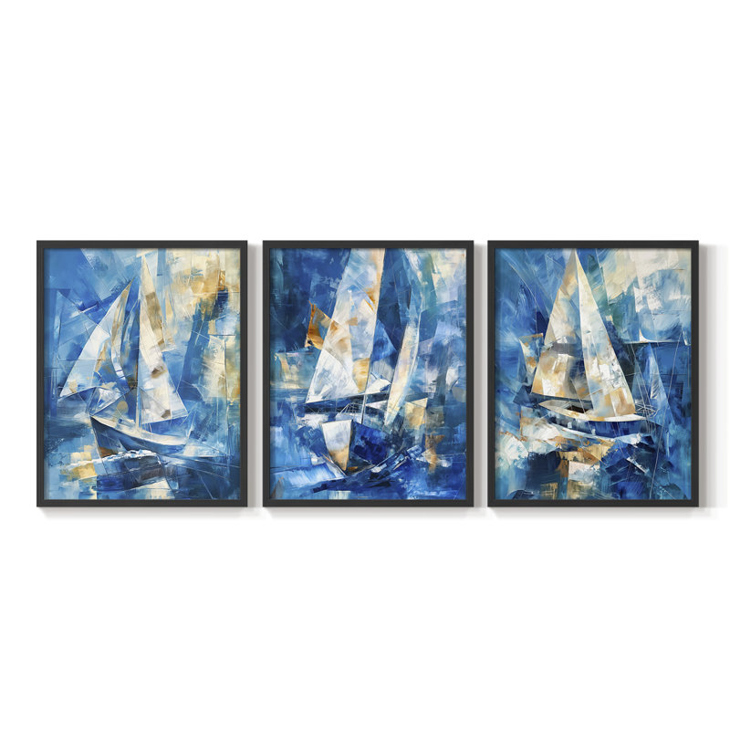 Série Sea and Shore - Ensemble de 3 estampes numériques encadrées - Prêt à être accroché, Cadre noir, H 28 po x l 22 po