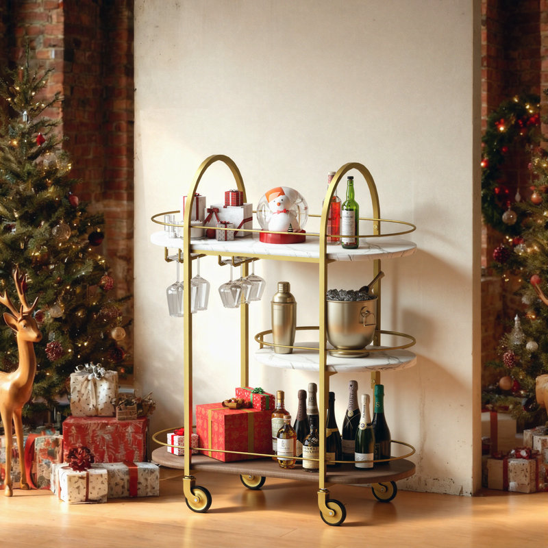 3-Tier Arc Bar Cart, 40''x32''x14'', White, Gold