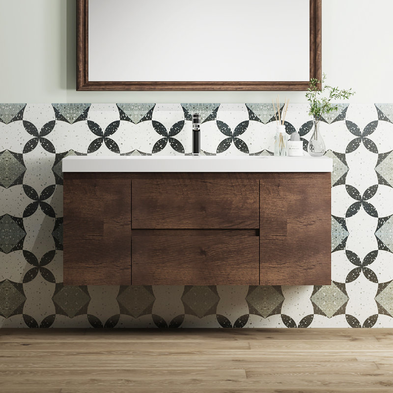 48" Floating Bathroom Vanity Modern Wall-Mounted Single Vanity with Integrated Resin Top, 2 Cabinets, 2 Soft Close Drawers, Full Assembly