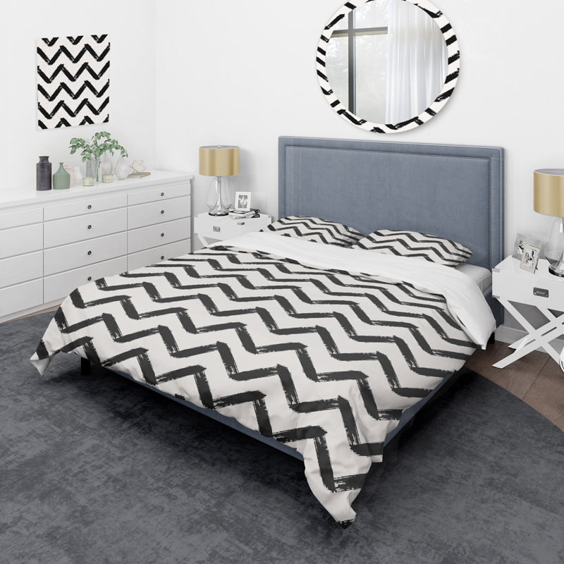 Chevron horizontal noir - ensemble de housse de couette abstrait - microfibre de polyester