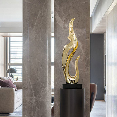 Golden Flame Resin Sculpture with Marble Base
