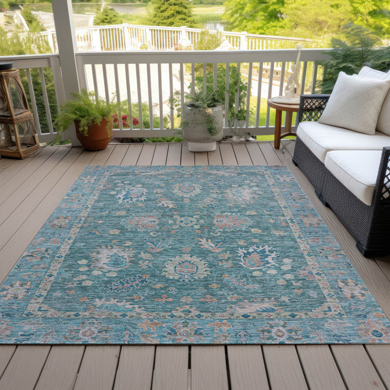 Tapis bleu sarcelle lavable à la machine intérieur / extérieur Xhevrie, Rectangle 9 pi x 12 pi