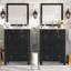 Ensemble de meuble-lavabo de style rétro avec deux lavabos séparés, deux lavabos en céramique, une tablette de rangement et des portes à fermeture en douceur