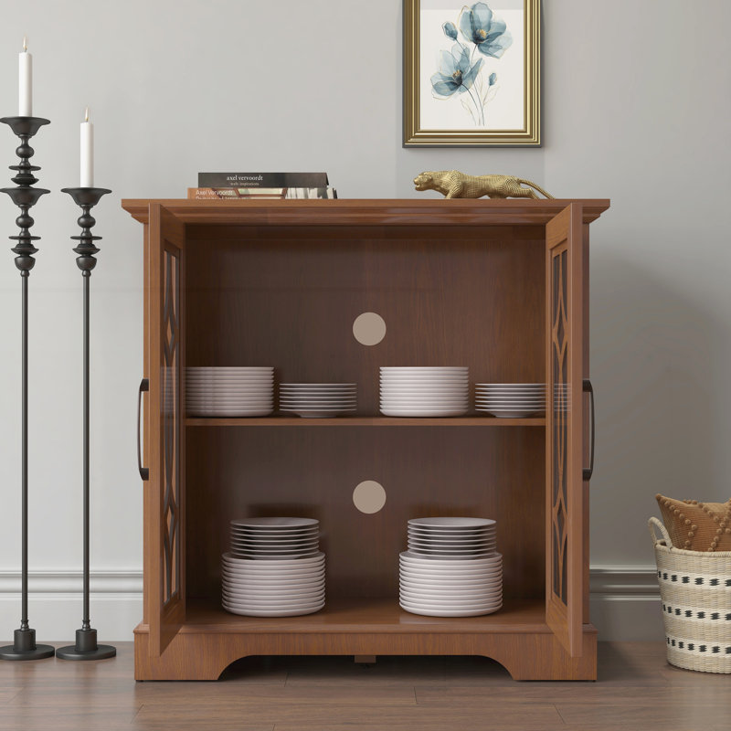 Buffet spacieux à 2 portes en verre trempé transparent avec tablette réglable, Dark Oak