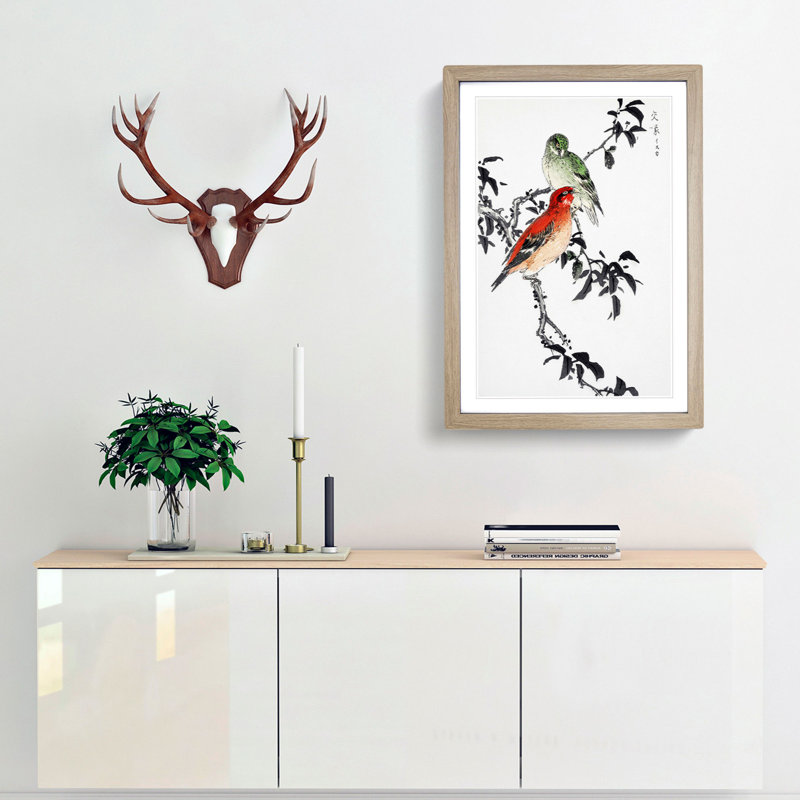 Crossbill Birds by Numata Kashu - Picture Frame Painting Print, Oak Framed, 65cm H x 48cm W x 2cm D