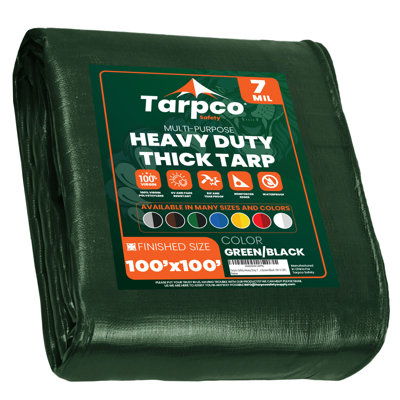 Heavy Duty 100' X 100', Green, Waterproof Tarpaulin Cover 7 Mil Thick with Reinforced Edges and Metal Grommets for Camping, Roofing, Pool and Boat Protection