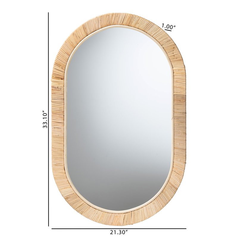 Miroir ovale moderne moderne en bois d'acajou brun naturel et rotin naturel