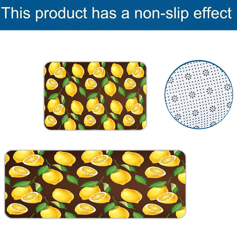 Set of 2 Lemon Print Kitchen Area Rugs, Kitchen Dining Room, Brown