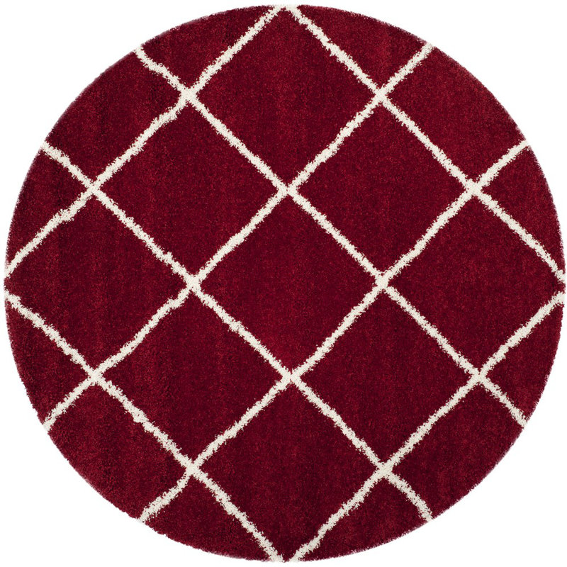 Tapis à poil long Humberto Hudson, Rond 9 pi, Rouge / ivoire
