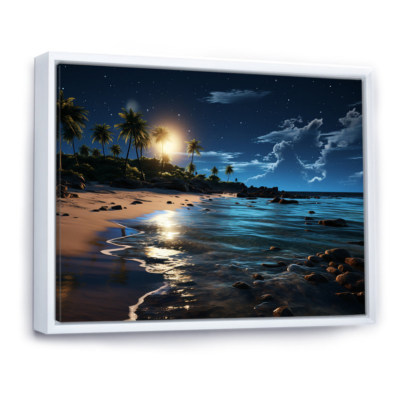 Mystic Tropical Beach Moonlight III - Art mural plage, Cadre flottant blanc, H 30 po x l 40 po x P 1,5 po