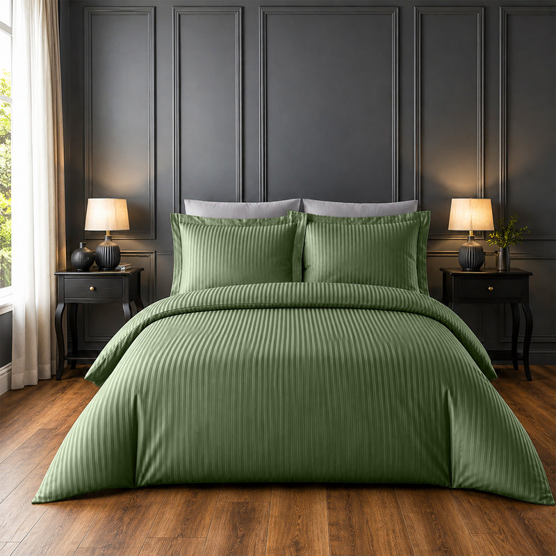 Microfiber Striped Duvet Cover Set with Pillowcases Included, Olive Green, Single Duvet Cover + 1 Standard Pillowcase