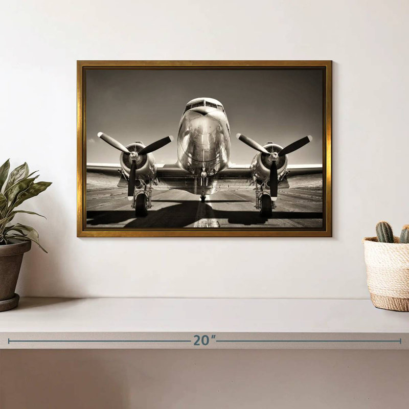 Avion rétro noir et blanc, Cadre flottant doré, 13 po x 9 po
