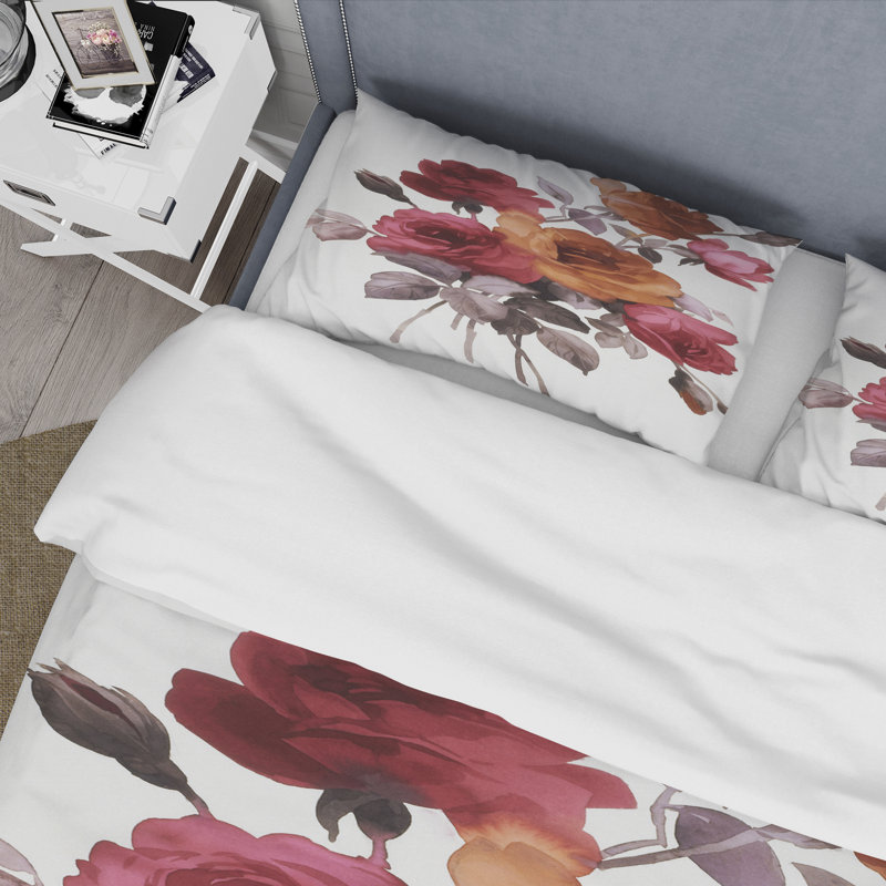 Ensemble de housse de couette Traditional - roses rétro orange et rouge - microfibre de polyester