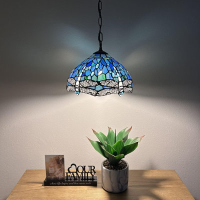 Kleist Tiffany Pendant Lighting Blue Stained Glass Dragonfly LED Bulb Included 12"W*12"D*60"H