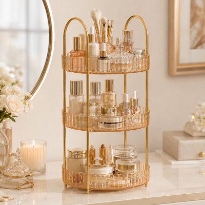 Organisateur de maquillage transparent à 3 niveaux rotatif à 360°, rangement pour cosmétiques, soins de la peau et parfums avec porte-pinceaux pour coiffeuse de salle de bain