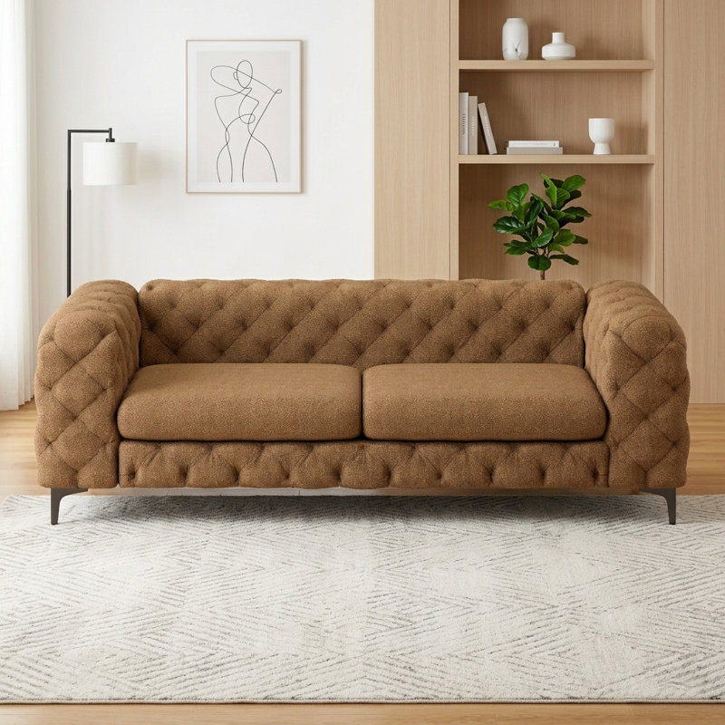 Willa Tufted Polyester Chesterfield Loveseat / Sofa with Black Metal Legs, 3, 29.5" H x 93.5" W x 39" D, Orange Polyester