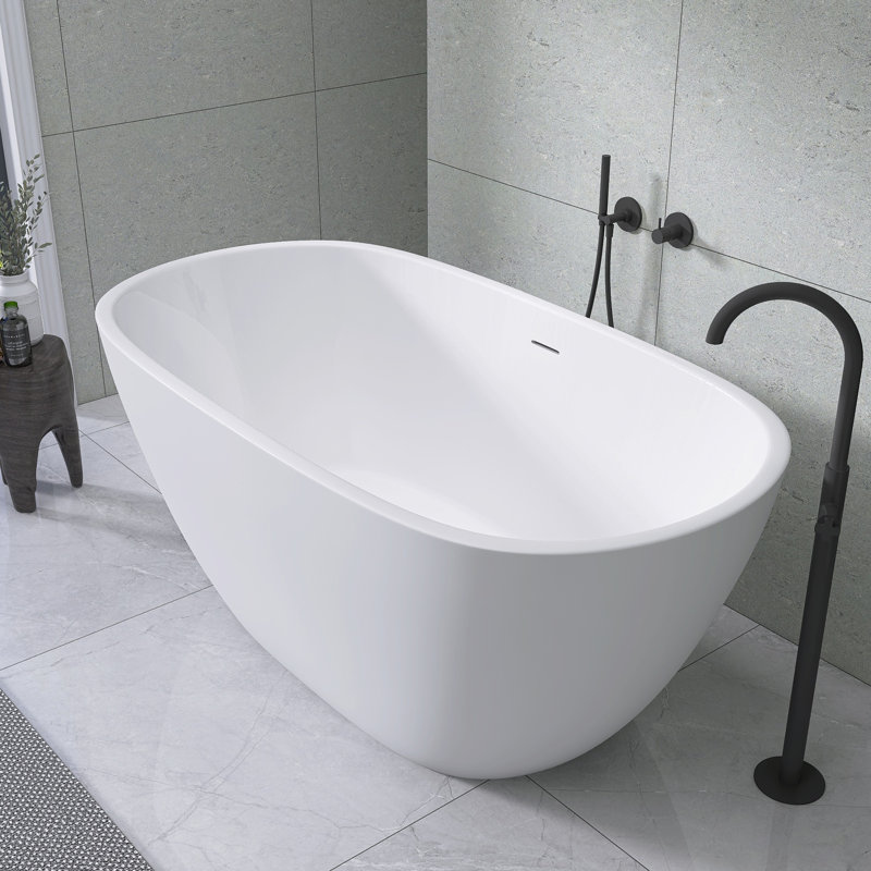 Baignoire de trempage autoportante en acrylique avec drain central 55 po x 30 po, Blanc mat
