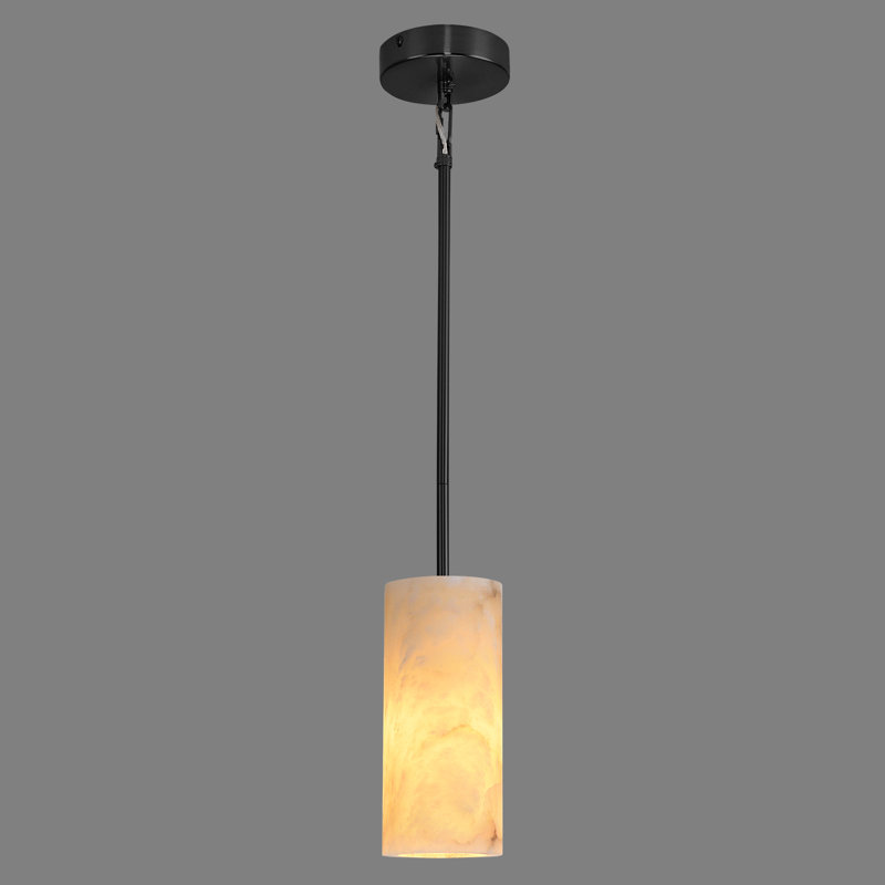 Luminaires suspendus cylindriques à 1 lumière pour îlot de cuisine avec abat-jour albâtre, Noir mat