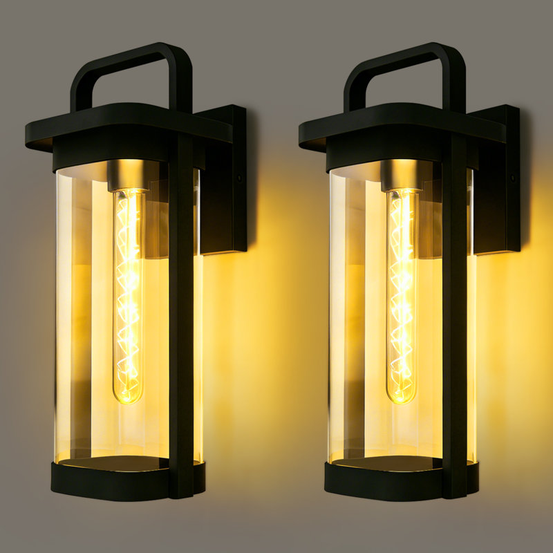 Outdoor Large Large Wall Sconce Light, Matte Black Metal & Tempered Glass Shade Wall Lantern Waterproof For Porch Doorway Patio（Set Of 2)