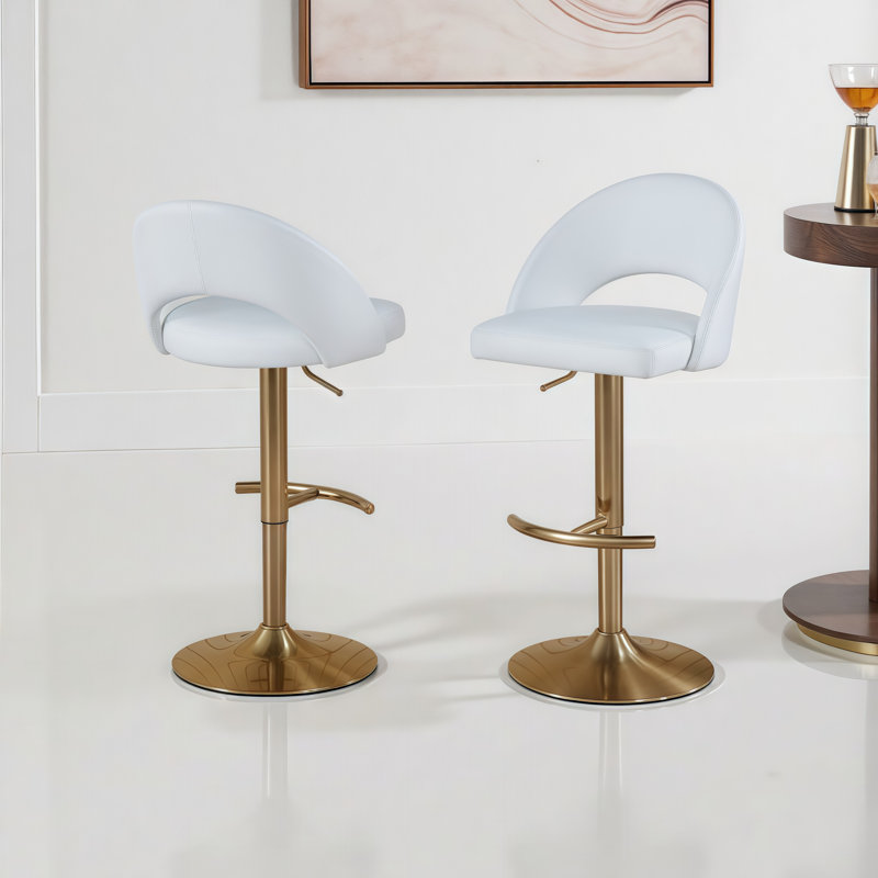 Ensemble de 2 tabourets pivotants contemporains avec hauteur réglable et repose-pieds en T, Doré, Blanc