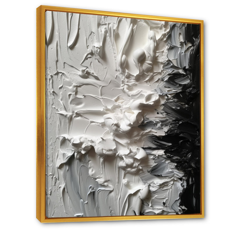 «White and Black Tranquility Unleashed V», art abstrait sur toile marbrée, H 32 po x l 16 po x P 1 po, Cadre flottant doré