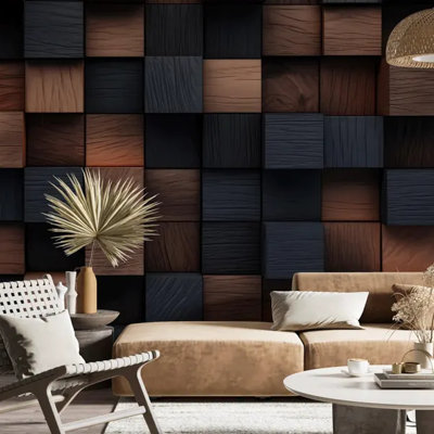 Panneau mural moderne en bois moderne à motif géométrique brun foncé et panneau noir