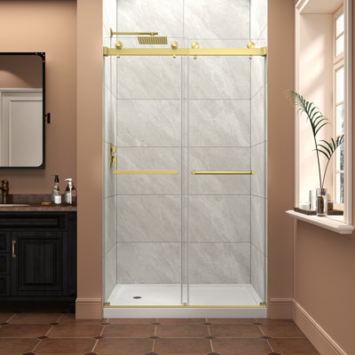43"-48" W x 76" H Reversible Installation Double Bypass Sliding Shower Door Easy Installation Frameless Shower Door,5/16"(8MM) Tempered Glass With Nano Explosion-proof Film