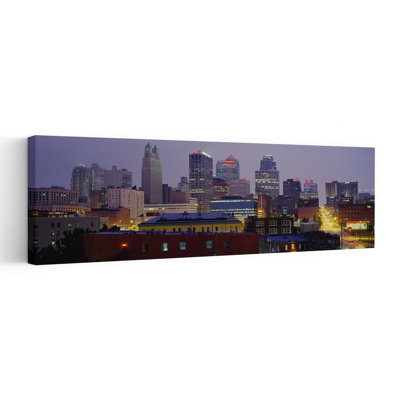 Buildings Lit Up At Dusk Kansas City Missouri USA by Jerry Driendl Photography - Wrapped Canvas Panoramic Print