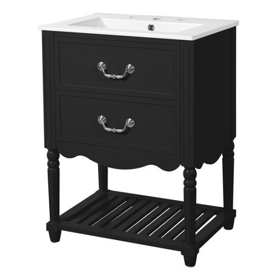 Meuble-lavabo de salle de bain avec lavabo en céramique, armoire de salle de bain avec deux tiroirs à fermeture en douceur et une tablette ouverte