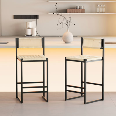 2pcs Kitchen Stools With , Metal Frame & Woven Paper Rope Seat, Modern Design For Any Location, Up To 220lbs, 15.19"w X 35.86''h Every Place,