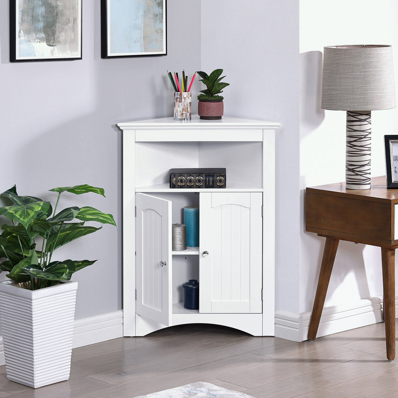 Armoire de coin de salle de bain avec portes et tablettes ouvertes, Blanc