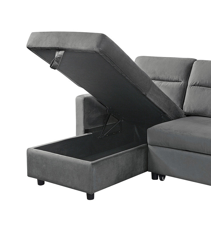 Canapé-lit modulaire réversible en velours de 81,5 po avec méridienne de rangement et poche latérale, Gris foncé
