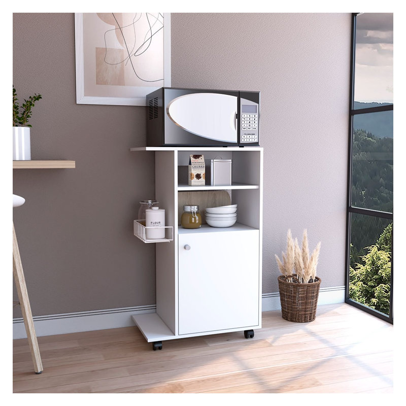 Chariot de cuisine blanc moderne avec support pour micro-ondes, armoire de rangement roulante et panier latéral pour petits espaces