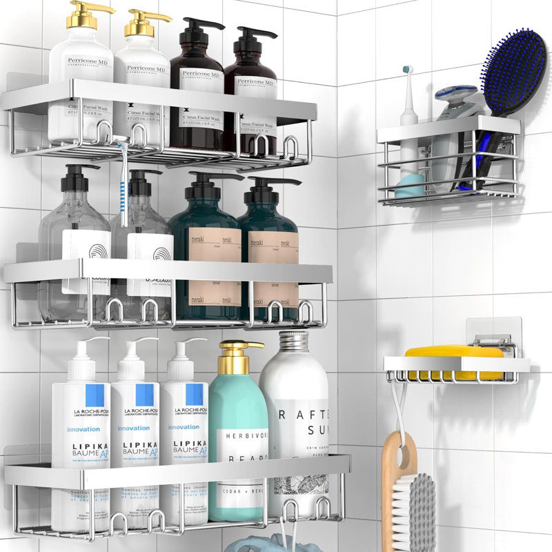 Ensemble de 5 boîtes de rangement adhésives pour salle de bain avec crochets, porte-savon et porte-brosse à dents pour la maison, le véhicule récréatif et le camping-car