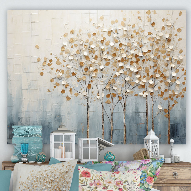Gold And Blue Trees Harmony V - Trees Framed Prints, Wrapped Canvas, 16" H x 32" W