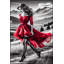 Tapis marche femme en robe rouge-405445955