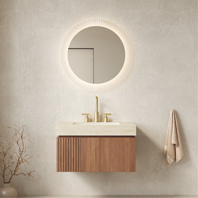 Armoire de rangement flottante en contreplaqué pour salle de bain 30 po avec tiroir et porte avec 3 trous de robinet pré-percés, brun pré-assemblé