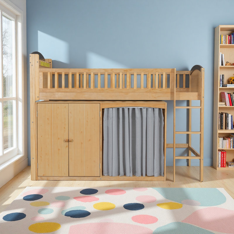 Lit mezzanine simple avec armoire de rangement, garde-robe et DEL, Wood