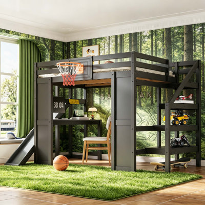 Structure de lit double en bois massif pour enfants, lit mezzanine haute avec bureau intégré, escalier de rangement latéral, glissade de jeu lisse et panier de basketball amovible