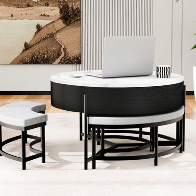 Table basse à plateau relevable moderne avec rangement et 3 repose-pieds